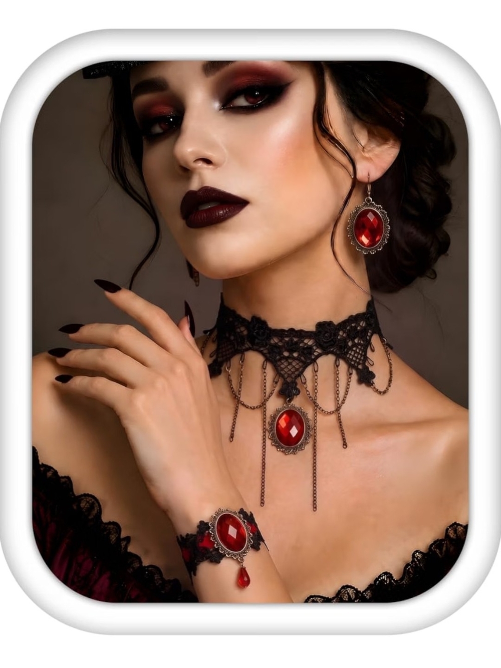 Victorian Gothic Red Gem Lace Choker Necklace Set